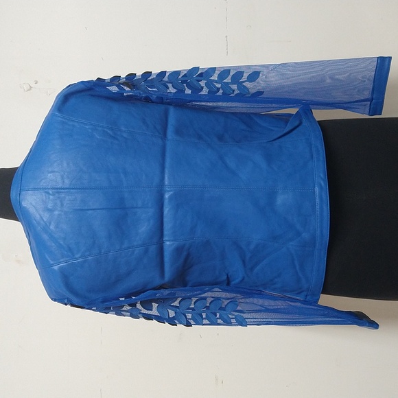 NEW! Colleen Lopez Mesh Leaf / Floral Faux Leather Jacket, Rich Blue - Picture 5 of 13